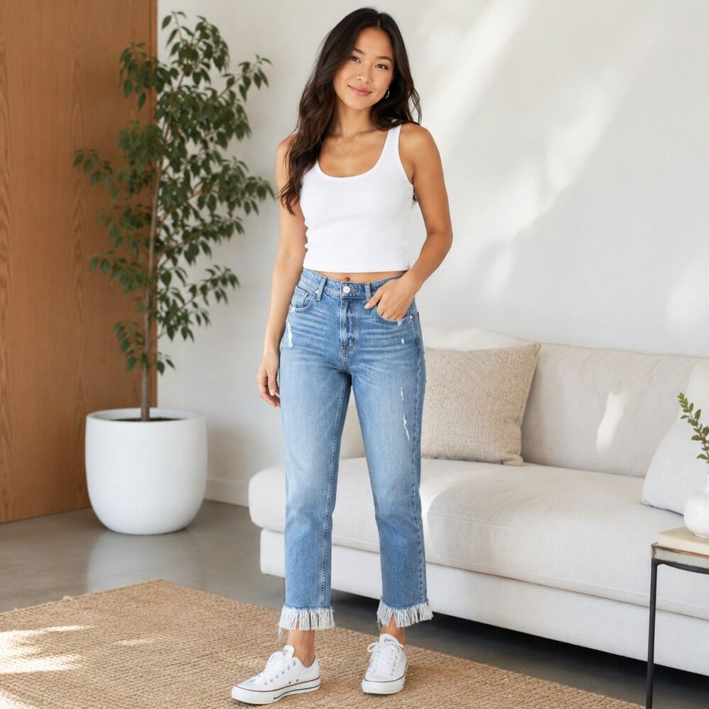 PAIGE Fringe Hem Crop Jeans Womens 26 Distressed Straight Leg Light Wash Denim